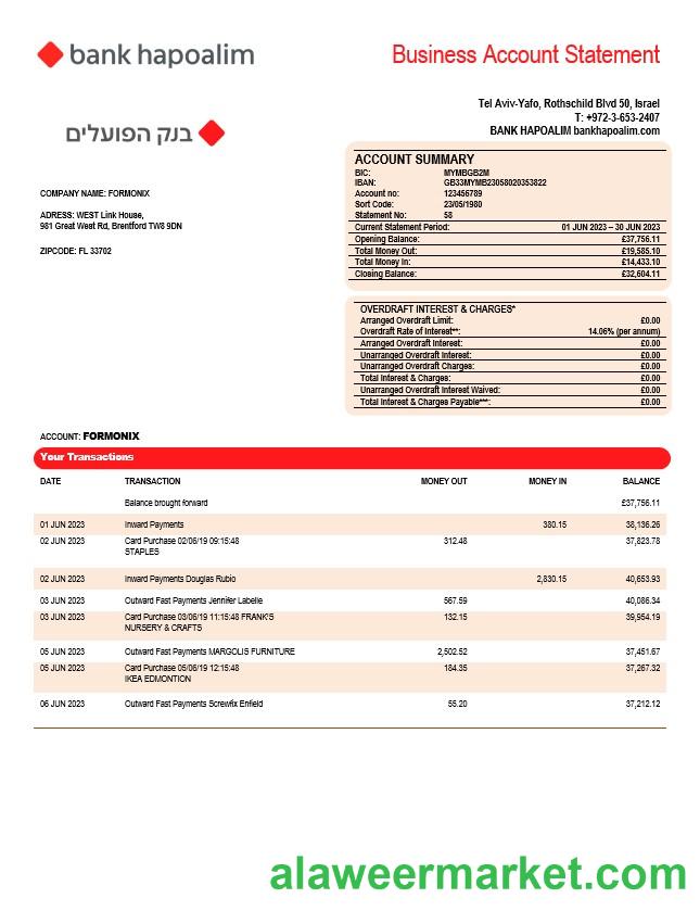 Bank Hapoalim firm account statement Word and PDF template